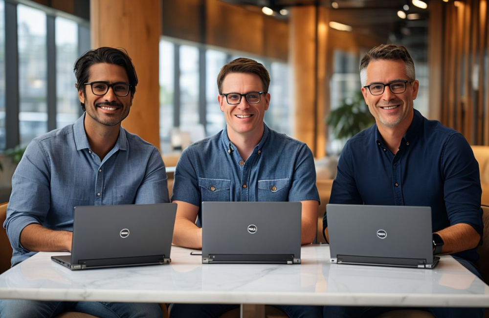 Three Men Smiling Around Marble Table In Modern Office